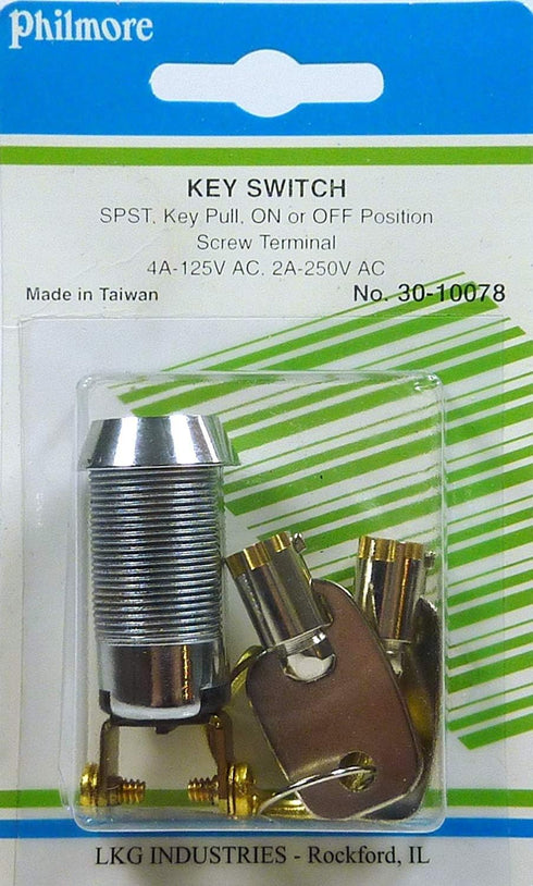 Philmore 5/8" On/Off Key Switch Lock SPST with 2 Keys and Nut, Removable On or Off, 30-10078