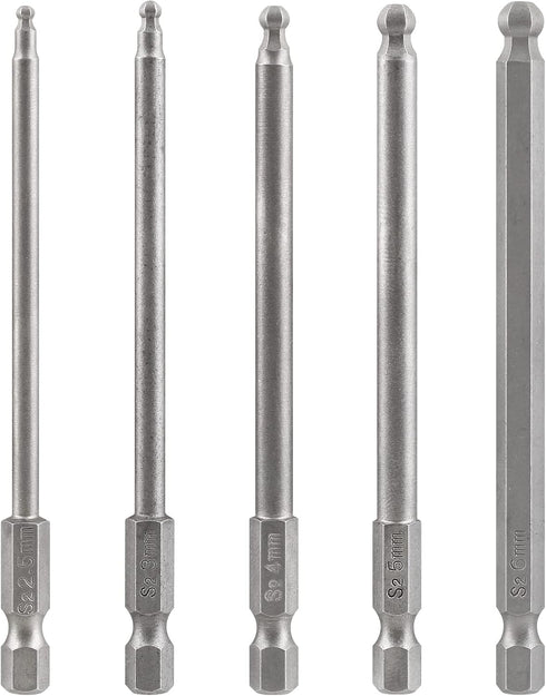 5Pcs Ball End Metric Hex Bit Set, 100 mm/4 Inch Length S2 Steel Magnetic Hex Screwdriver Bits for Power Tools