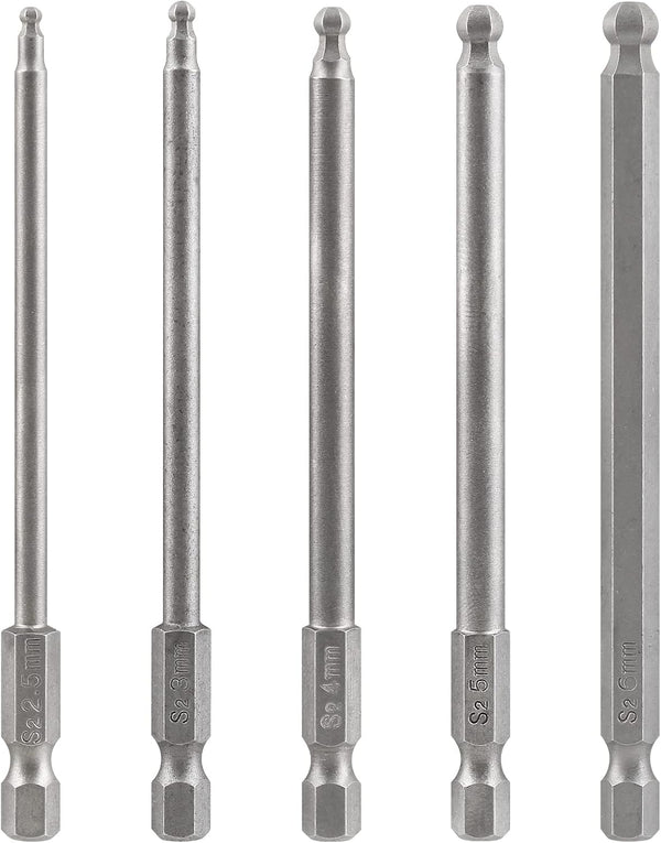 5Pcs Ball End Metric Hex Bit Set, 100 mm/4 Inch Length S2 Steel Magnetic Hex Screwdriver Bits for Power Tools