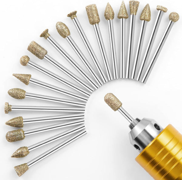 Diamond Grinding Burr Bit Set, 20Pcs Rotary Tool Accessories for Stone, Ceramic, Glass Carving