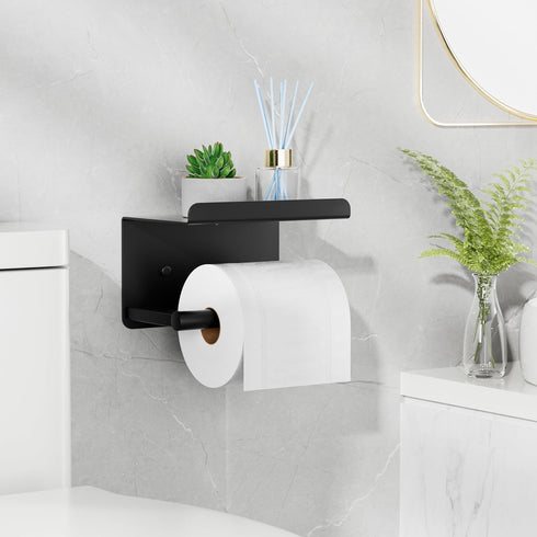 Wall Mounted Toilet Paper Holder with Phone Shelf, Adhesive Toilet Paper Roll Holder, Rustproof Bathroom Tissue Roll