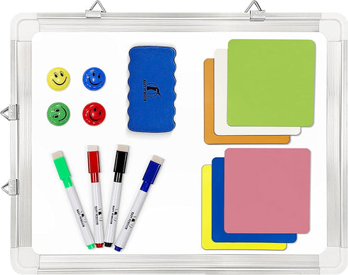 Whiteboard Set - 15 x 12" White Board with 1 Eraser, 4 Markers, 4 Magnets, and 6 Labels for Home Office Reminder