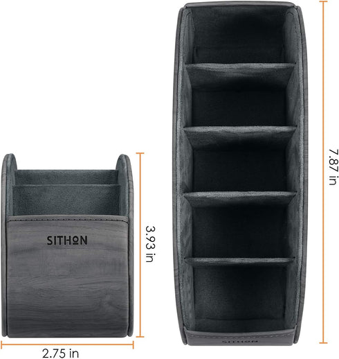 SITHON PU Leather Remote Control Holder with 5 Compartments, Desktop Organizer for TV, DVD, Media Player, Woodgrain Gray