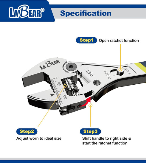 LABEAR 8 Inch Long x 1 Inch Adjustable Ratchet Wrench