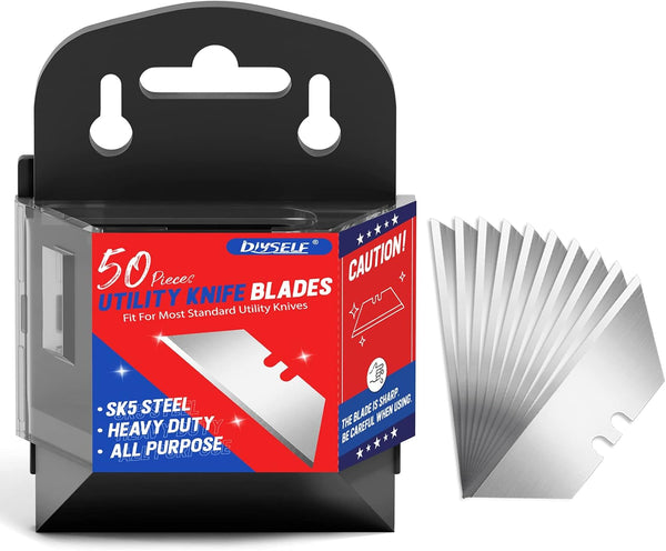 DIYSELF 50 Pack Utility Knife Blades, SK5 Steel Box Cutter Blades with Dispenser for Utility Knife Replacement