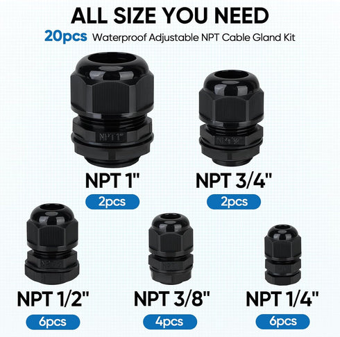 TICONN 20 Pcs IP68 Waterproof Cable Gland Kit, Nylon NPT Adjustable Cable Connectors Assortment for Waterproof Junction