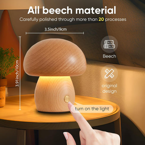 Wooden Mushroom Lamp, Portable Cordless Small Rechargeable Lamp, Stepless Dimming Night Light for Birthday Gifts.