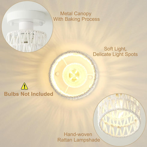2-Pack Rattan Ceiling Lights Flush Mount, Close to Ceiling Light Fixtures with Rattan Shade, Boho Hand-Woven Farmhouse