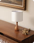 E26 LW09TL05 Small Table Lamp, Wood Bedside Lamp with White Linen Lampshade & Dark Wood Base, Mid Century Modern