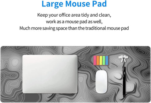 XL Grey White 3D Topographic Map Mouse Pad - Non-Slip Rubber Base Gaming Mouse Pad for Home Office Work