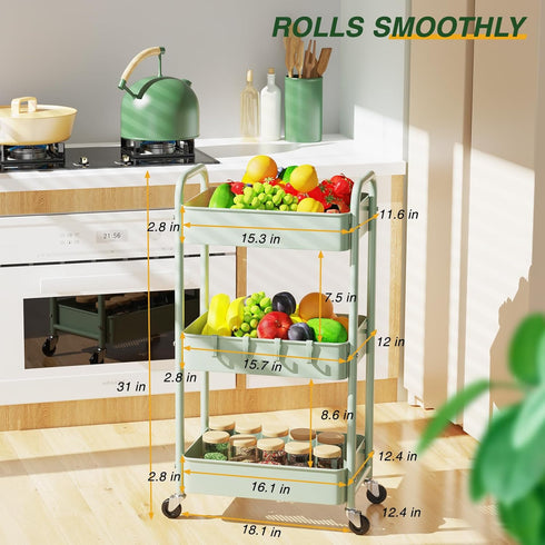 LEHOM 3 Tier Rolling Storage Cart - Metal Trolley Utility Cart with Wheels & Hooks for Bathroom Kitchen Office Bedroom
