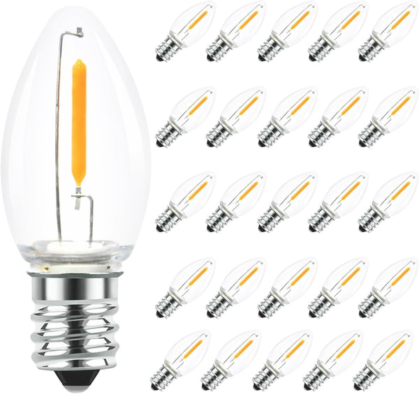 25 Pack Clear Glass LED C7 Light Bulbs, E12 Base, 0.6W Equivalent to 7W, Warm White for Candles, Chandeliers &