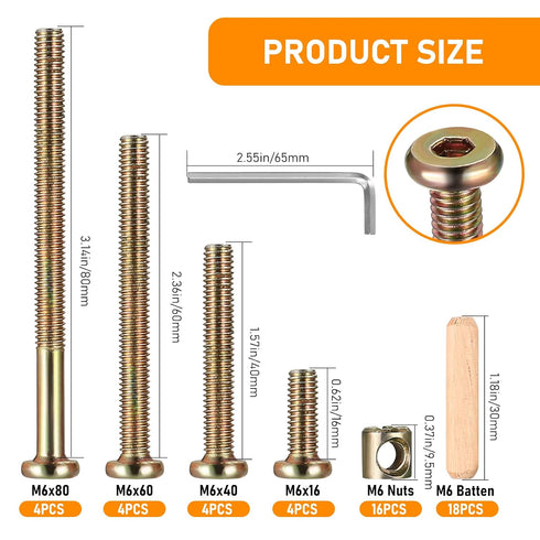 XhjzgcTech 16-Set Crib Screws Replacement Kit,Bolts & Barrel Nuts & Wooden Dowels, Hex Socket Head Cap Screws Nuts