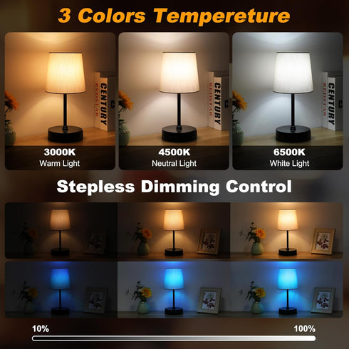 3 Dimmable Ascher Small Bedside Table lamp, RGB Color Changing Lamps, Color Temperatures Nightstand Lamps with USB C