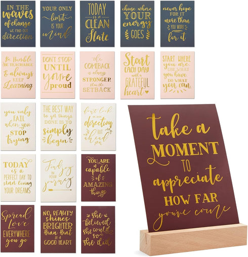 Paper Junkie 20 Pack Daily Motivational Quotes for Desk, Inspirational Desk Supplies with Wooden Stand for Office, 5 x