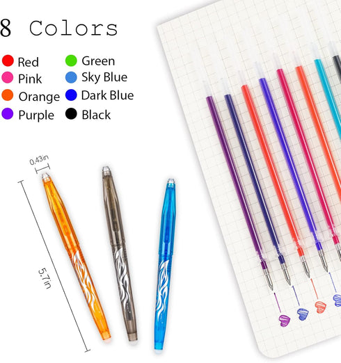 RIANCY Erasable Pens, 8 Colors Multicolored Gel Ink Rolling Ball Extra Fine Point Smooth Writing Pens with Eraser