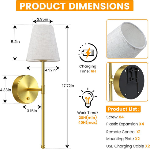 Set 2,Rechargeable 12 5200mAh Dimmable LUTEC Battery Operated Wall Sconce of Wall Sconce, Colors Wireless Wall Sconces