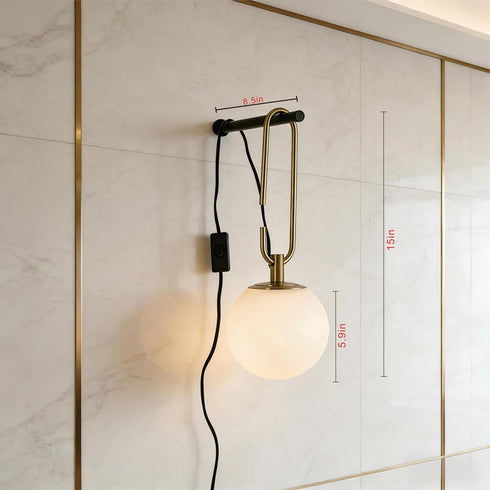 SINFU Bulb Modern Globe Wall Sconce, Plug-in Hanging Light Fixture with Glass Shade, Black and Gold Finish