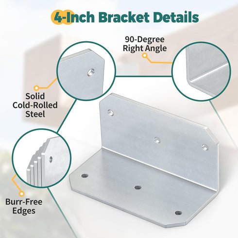 4 Inch 90 4"2"2" (Galvanized-8PCS) Galvanized L Bracket, Degree Corner Brace for Wood, Heavy Duty Angle Bracket