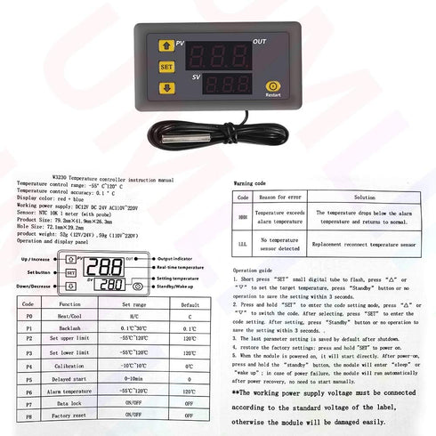 Digital Temperature Controller, W3230 AC110-220V LED Thermostat Switch Sensor Meter