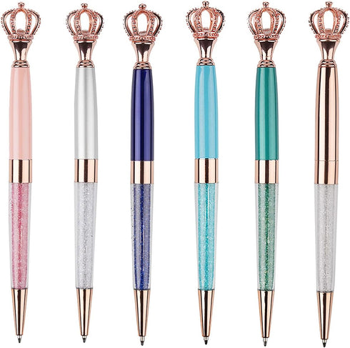 YOUMI 6Pcs Crown Crystal Metal Ballpoint Pen, Black Ink Glitter Diamond, Cute Personalized Pens for Office School