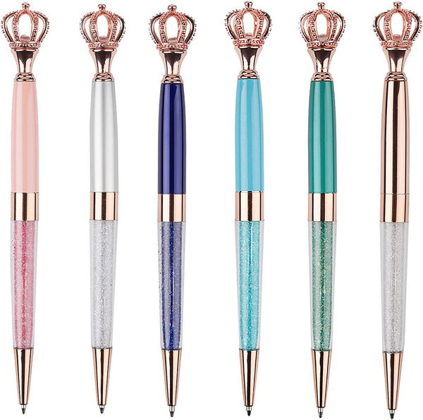 YOUMI 6Pcs Crown Crystal Metal Ballpoint Pen, Black Ink Glitter Diamond, Cute Personalized Pens for Office School