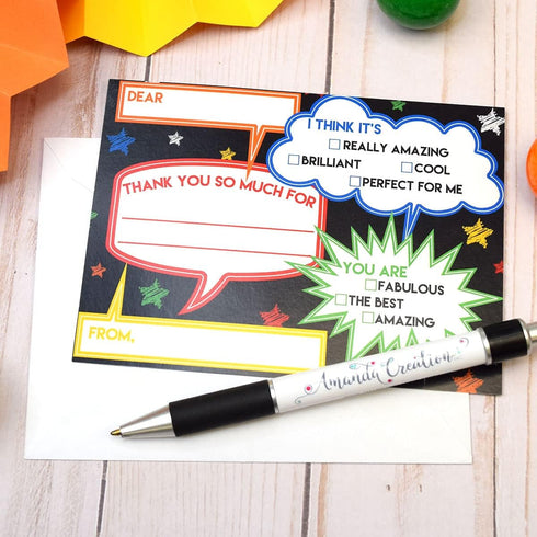 Chalkboard Speech Bubble Birthday Thank You Notes for Kids, Ten 4" x 5.5" Fill In The Blank Cards with Envelopes