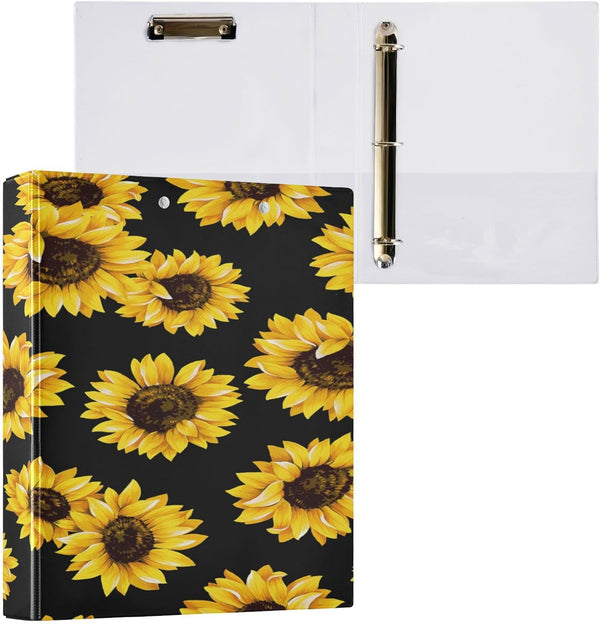 Sunflower Pattern 3 Ring Binder - Clipboard Binder with 2 Pockets, 1.5 Inch Heavy Duty Round Ring for Office Supplies
