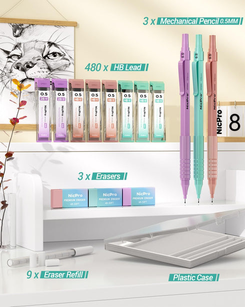 Nicpro 0.5mm Mechanical Pencils Set with Case, 3PCS Metal Mechanical Pencil, Pastel Aesthetic Drafting Pencils With 480PCS HB 2B Lead Refills, 3 Erasers, 9 Eraser Refills For Girl Writing Art Drawing by Nicpro