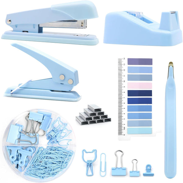 UPIHO Blue Office Supplies, Stapler and Tape Dispenser Set, Includes Stapler, Tape Dispenser, Remover, Clips, Hole Punch