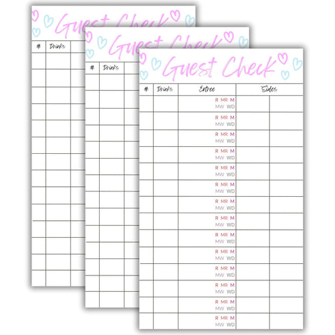 Generic Steakhouse Guest Check Server Note Pads, Waitress Server Pad with Steak Temperatures,
