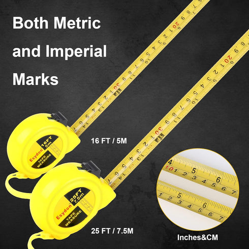 2 Packs Tape Measure 25 ft / 16 ft, Esydon Measuring Tape Extendable, Self-Locking Tape Measurer, Easy Read