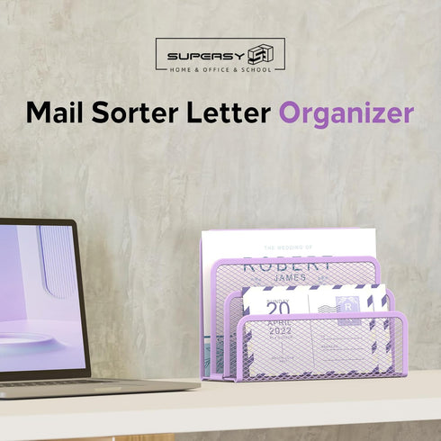 SUPEASY Mail Organizer, Desktop File Organizer Mesh Metal Mail Holder Countertop with 3-Slot, Letter Sorter File Holder, Office Envelope Organizer for Mails (Purple) by SUPEASY