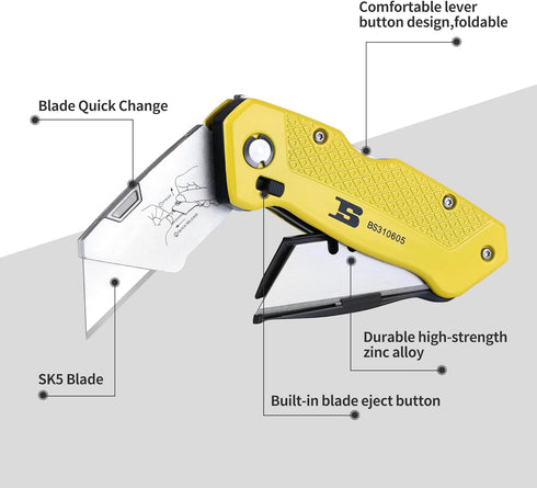 Folding Utility Knife, Box Cutter with Retractable Heavy Duty Design and 5-Piece Extra Blades