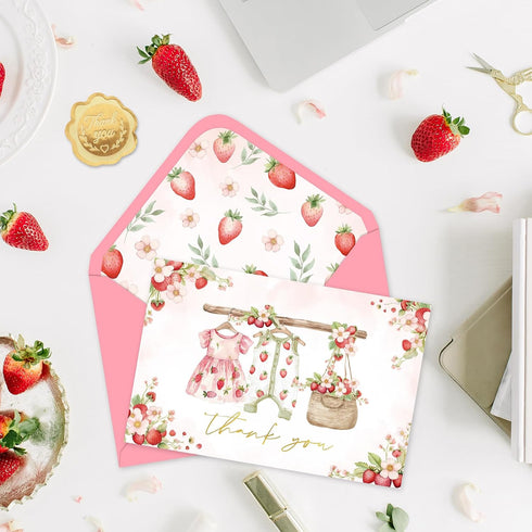50 4 6 Inch Whaline Pcs Strawberry Baby Shower Thank You Cards with Envelopes Stickers Bulk Cute Clothes Pink Blank