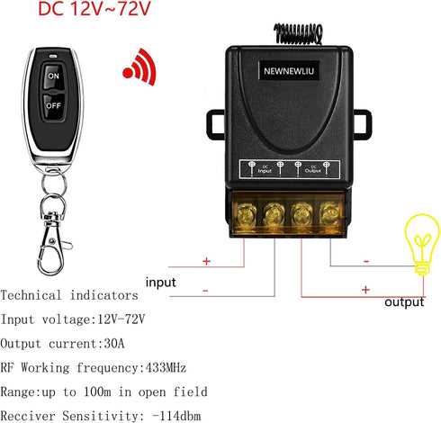 12 Volt Remote Switch Wireless, DC12V/24V/48V/72V/30A Relay with 328FT Long Range for DC Motors and Fans