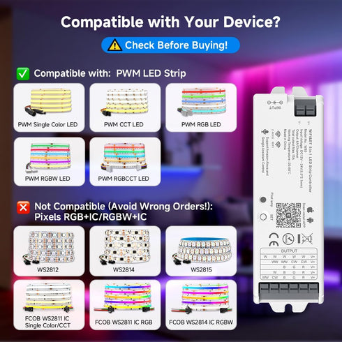 5in1 WB5 2.4GHz Dimming WR01RF WR02RF BTF-LIGHTING Tuya WiFi PWM LED Controller Compatible with Alexa/Google Home/Smart