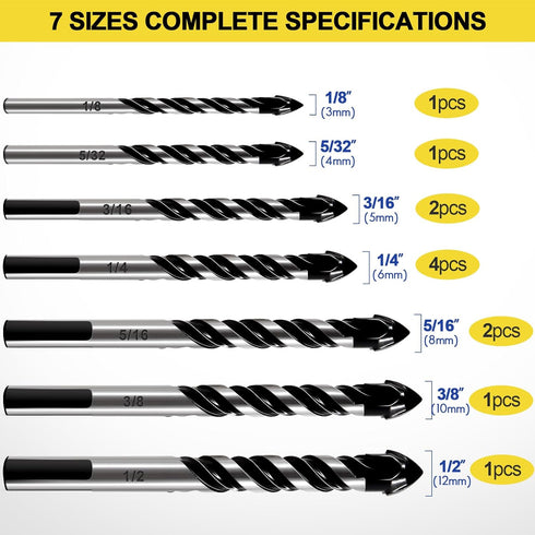 12-PCS Masonry Drill Bit Set, Professional Carbide Drill Bits for Glass, Tile, Brick, Cement, Wood