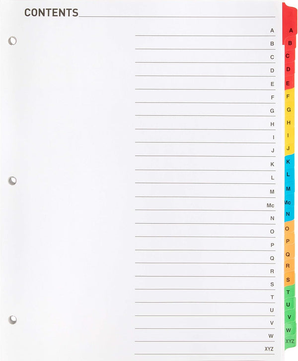 Index Dividers A-Z Tab Printed Table of Contents, 3 Hole Punched for Ring Binders, 8.5” x 11”