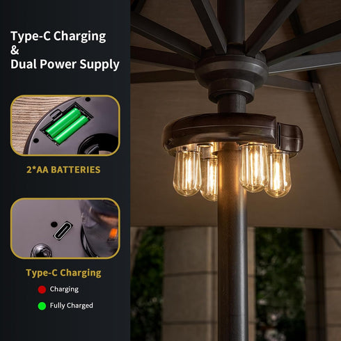 Bulbs 10 (1 Pack) Patio Umbrella Light with Remote Control, Rechargeable Cordless LED Edison Pole Light with Brightness