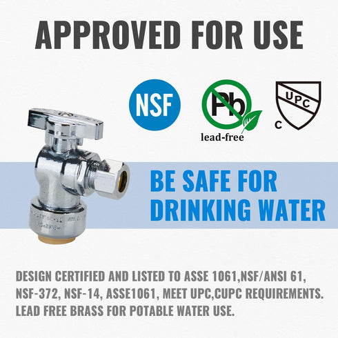 SUNGATOR 2-Pack Angle Stop Valve, Angle Water Shut Off Valve 1/2 x 3/8 Inch Compression, Toilet Water Valve, 1/4 Turn, No Lead Brass Push to Connect Plumbing Fitting, Pushfit, PEX Pipe, Copper, CPVC by SUNGATOR