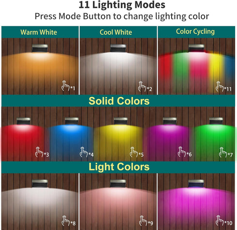 4 Pack 10 Solar Fence Lights Outdoor RGB Color Changing and Fix Colors Stainless Steel Waterproof Solar Lights LED Wall