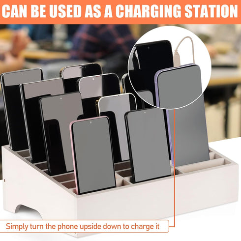 Wooden 24-Grid Cell Phone Storage Box - Desktop Mobile Phone Holder Organizer for Office, School, Classroom (White)