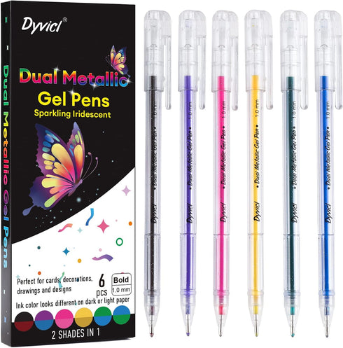 Dyvicl Dual Metallic Gel Pen Set of 6, Liquid Glitter Iridescent Pens for Adult Coloring, Doodling, Scrapbooking
