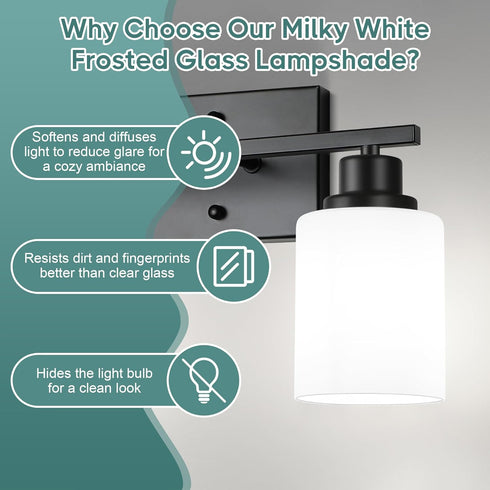 2-Light E26 Base(Bulbs Ascher Bathroom Light Fixtures, Vanity Light Over Mirror, Matte Black Wall Sconces with Milky
