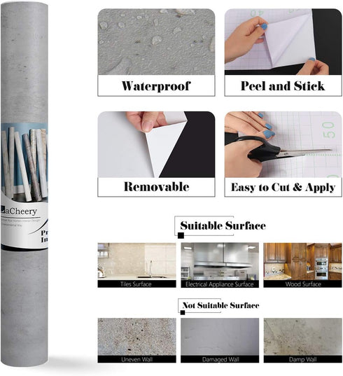 LACHEERY 15.8"x160" Grey Concrete Wallpaper, Peel and Stick Removable Contact Paper for Countertops