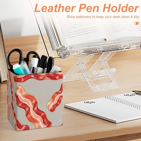 Meaudiwes Leather Pen Holder Stand Square Pencil Cup Desktop Stationery Organizer Food Bacon