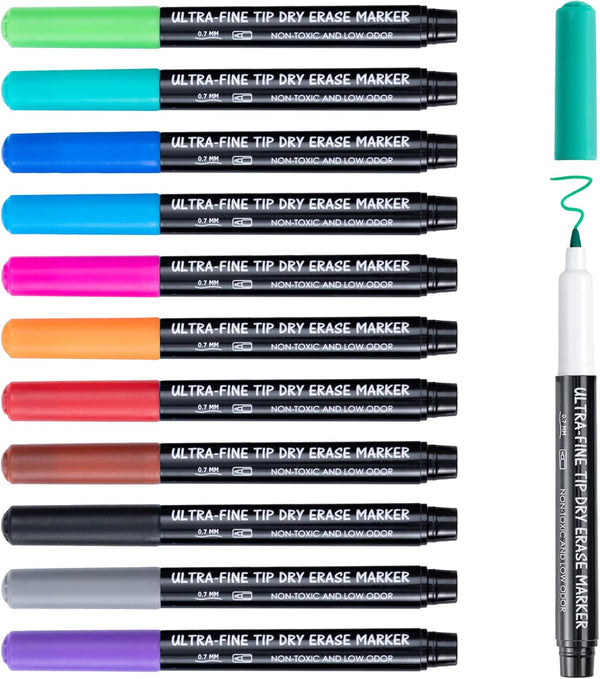 maxtek Dry Erase Markers Ultra Fine Tip, 0.7mm, Low Odor, Assorted Colors for Planning Whiteboard, 12 Count