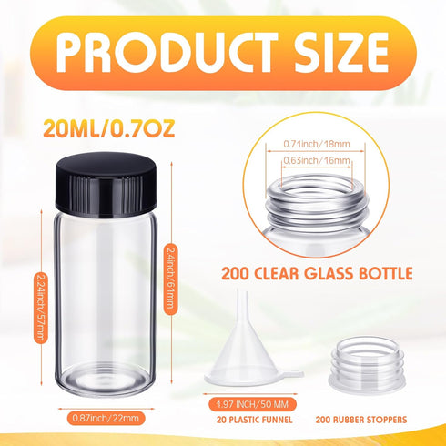 220 Pack 20 ml Clear Glass Vials, Small Empty Sample Bottles with Screw Cap and Plastic Mini Funnels