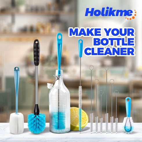 Holikme Tube Straw Brush Cleaning Set, Long Handle Bottle Cleaner for Narrow Neck Beer Bottles, Wine Decanter, Azul
